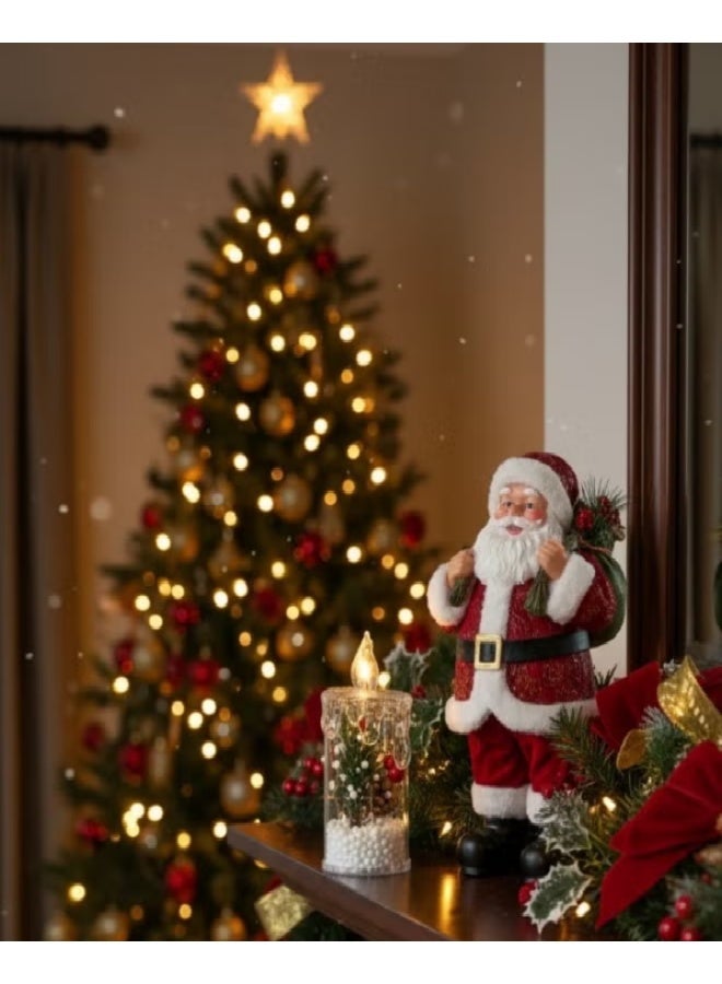 كاندل مصباح شمعة عيد الميلاد مع أضواء LED وأغصان الصنوبر الخضراء والتوت الأحمر وأكواز الصنوبر - ديكور منزلي احتفالي للأعياد (11 سم) - Image 2