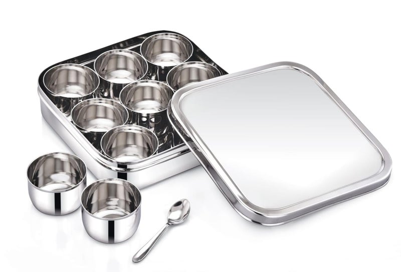DiBha Stainless Steel Square Shape Masala Box/Masala Dabba with Nine Cups & Spoon, Spice Containers/Kitchen Storage Condiment Box (Silver L-21 x L-21 x H-5 cm, Small, 1800 Ml) - Image 2