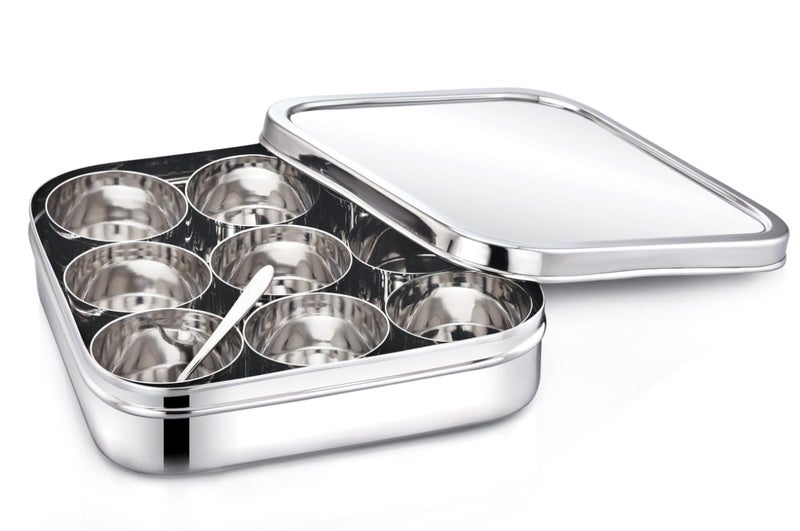 DiBha Stainless Steel Square Shape Masala Box/Masala Dabba with Nine Cups & Spoon, Spice Containers/Kitchen Storage Condiment Box (Silver L-21 x L-21 x H-5 cm, Small, 1800 Ml) - Image 1