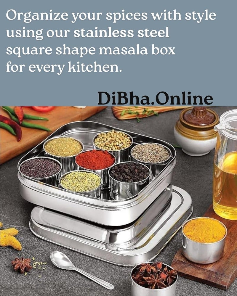 DiBha Stainless Steel Square Shape Masala Box/Masala Dabba with Nine Cups & Spoon, Spice Containers/Kitchen Storage Condiment Box (Silver L-21 x L-21 x H-5 cm, Small, 1800 Ml) - Image 4
