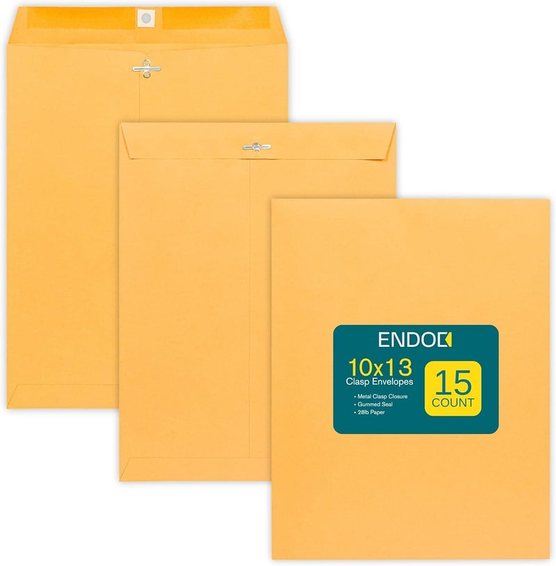 EnDoc Clasp Envelopes 10x13 Inch -15 Pack Brown Kraft Catalog Envelope with Clasp Closure & Gummed Seal – 28lb Heavyweight Envelopes for Home, Office, Business, Legal or School 10x13, Brown Kraft - Image 1