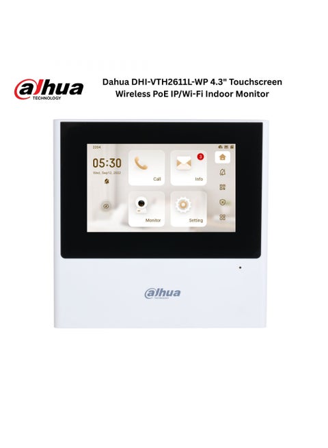 The Dahua DHI-VTH2611L-WP is a compact and feature-rich indoor monitor designed for IP-based video intercom systems. It combines a sleek 4.3" TFT capacitive touchscreen with both Ethernet and Wi-Fi connectivity, making it suitable for modern smart home and office environments
