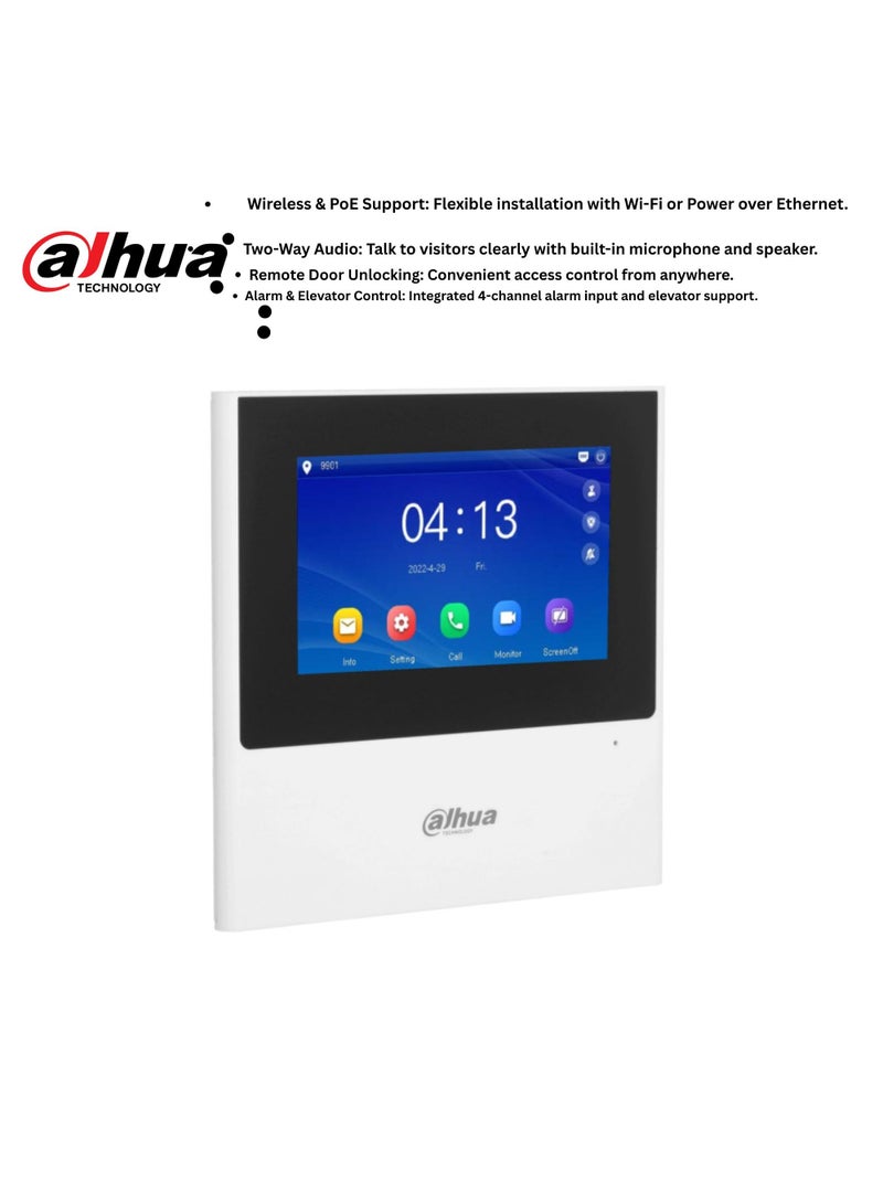 alhua The Dahua DHI-VTH2611L-WP is a compact and feature-rich indoor monitor designed for IP-based video intercom systems. It combines a sleek 4.3" TFT capacitive touchscreen with both Ethernet and Wi-Fi connectivity, making it suitable for modern smart home and office environments - Image 2