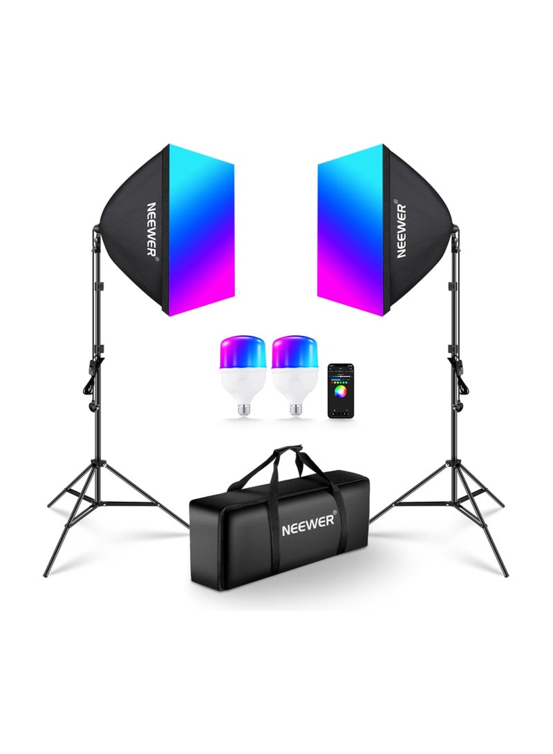 Neewer RGB Softbox Lighting Kit with App Control, 2 Pack 24W LED Bulbs, 24" Softboxes for Studio Photography, NK800 - Image 1