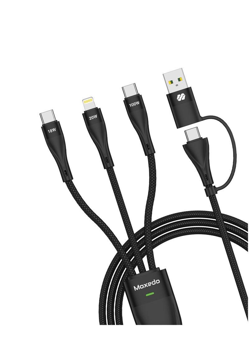 Moxedo Moxedo 3 in 2 Charging Cable Interchangeable USB-A/USB-C to 2x USB-C/Lightning PD Fast Charging 100W 1.2m Length Braided Cable for Phones, Tablets, Headphones -Black  - Image 1