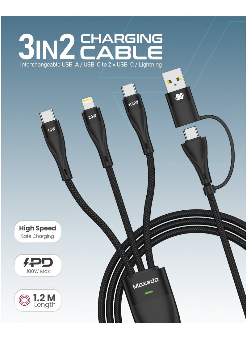 Moxedo Moxedo 3 in 2 Charging Cable Interchangeable USB-A/USB-C to 2x USB-C/Lightning PD Fast Charging 100W 1.2m Length Braided Cable for Phones, Tablets, Headphones -Black  - Image 5
