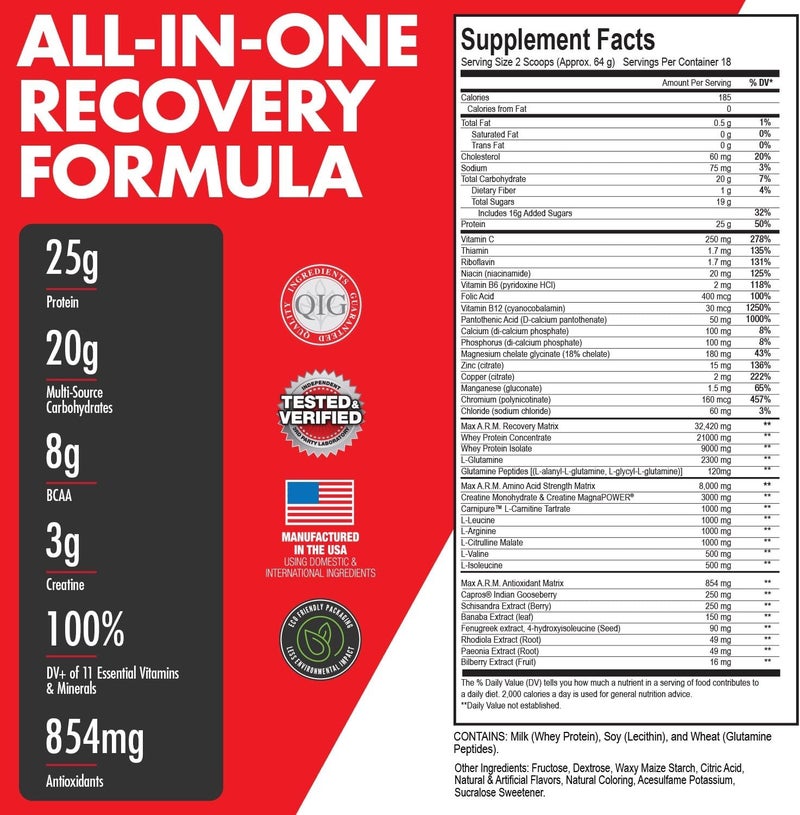 Max Muscle Arm Plus Anabolic Recovery Matrix  25g Protein 8g Bcaas 3g Creatine Monohydrate  Whey Protein Amino Acids Antioxidants Glutamine Electrolytes Tropical Punch 254 lb - Image 2