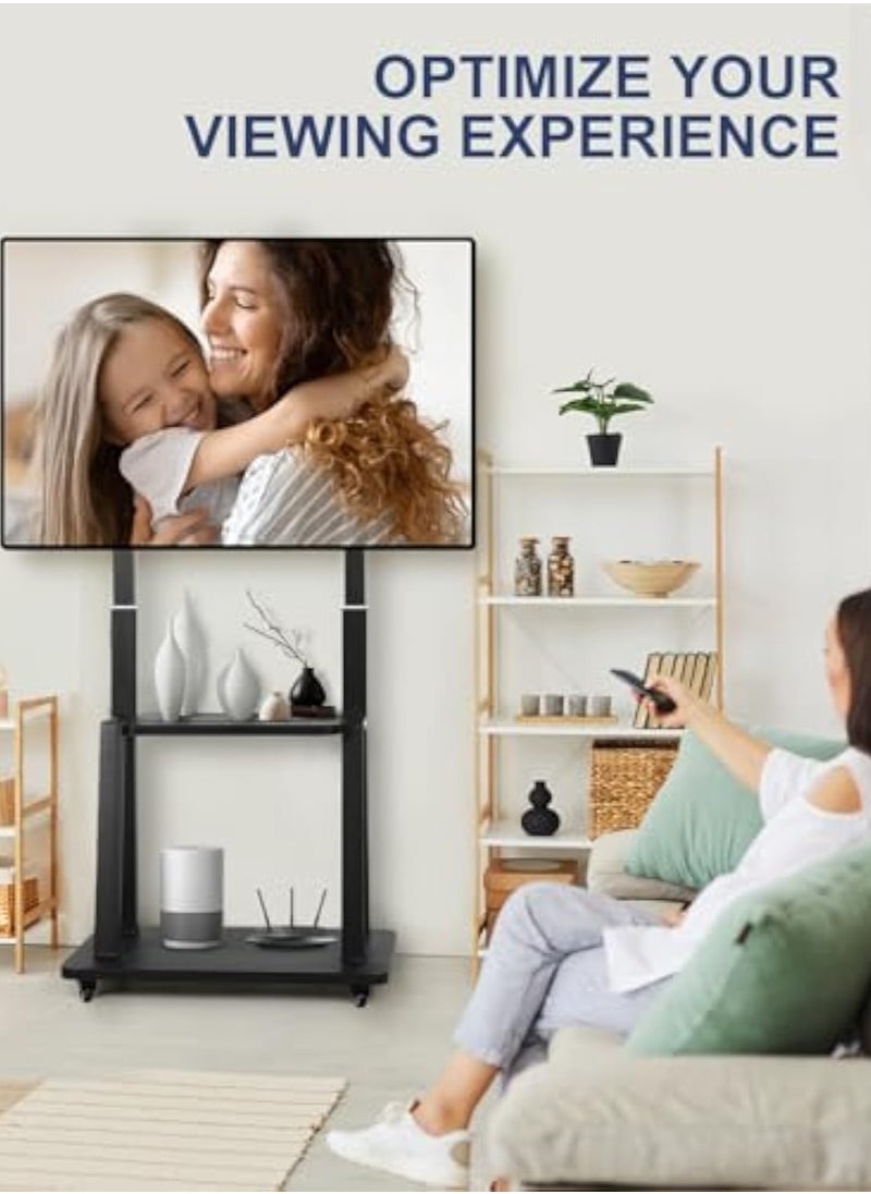 آسي بلاي عربة تلفزيون متحركة لالشاشات المسطحة والمنحنية LCD و LED 4K من 32 إلى 75 بوصة، 50، 55، 60، 65، 70 75 بوصة، حامل تلفزيون متحرك قوي مزود بعجلات، أقصى VESA 600x400 مم حتى 110 رطل، حامل أرضي قابل للتحريك مع رف  - Image 3