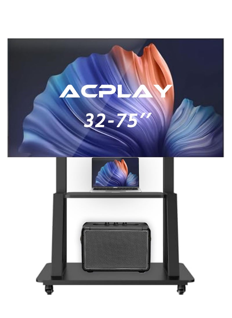 آسي بلاي عربة تلفزيون متحركة لالشاشات المسطحة والمنحنية LCD و LED 4K من 32 إلى 75 بوصة، 50، 55، 60، 65، 70 75 بوصة، حامل تلفزيون متحرك قوي مزود بعجلات، أقصى VESA 600x400 مم حتى 110 رطل، حامل أرضي قابل للتحريك مع رف  - Image 1