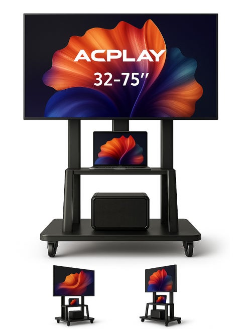 عربة تلفزيون متحركة لالشاشات المسطحة والمنحنية LCD و LED 4K من 32 إلى 75 بوصة، 50، 55، 60، 65، 70 75 بوصة، حامل تلفزيون متحرك قوي مزود بعجلات، أقصى VESA 600x400 مم حتى 110 رطل، حامل أرضي قابل للتحريك مع رف