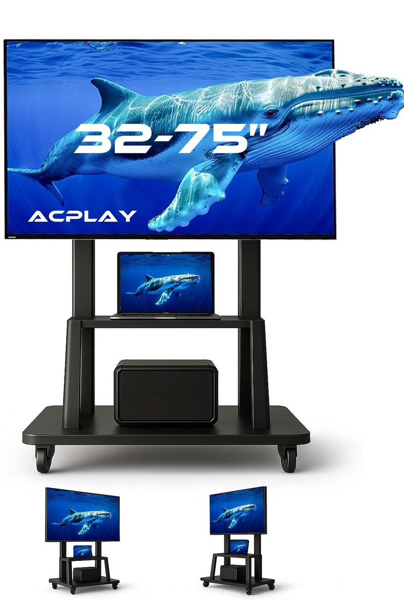 عربة تلفزيون متحركة لالشاشات المسطحة والمنحنية LCD و LED 4K من 32 إلى 75 بوصة، 50، 55، 60، 65، 70 75 بوصة، حامل تلفزيون متحرك قوي مزود بعجلات، أقصى VESA 600x400 مم حتى 110 رطل، حامل أرضي قابل للتحريك مع رف