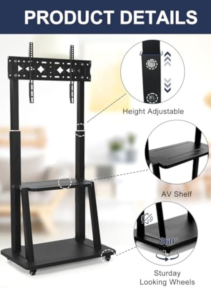آسي بلاي عربة تلفزيون متحركة لالشاشات المسطحة والمنحنية LCD و LED 4K من 32 إلى 75 بوصة، 50، 55، 60، 65، 70 75 بوصة، حامل تلفزيون متحرك قوي مزود بعجلات، أقصى VESA 600x400 مم حتى 110 رطل، حامل أرضي قابل للتحريك مع رف - Image 5