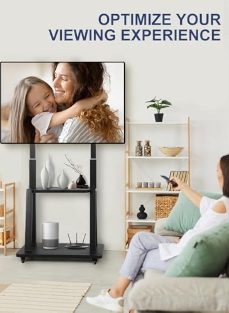 آسي بلاي عربة تلفزيون متحركة لالشاشات المسطحة والمنحنية LCD و LED 4K من 32 إلى 75 بوصة، 50، 55، 60، 65، 70 75 بوصة، حامل تلفزيون متحرك قوي مزود بعجلات، أقصى VESA 600x400 مم حتى 110 رطل، حامل أرضي قابل للتحريك مع رف - Image 3