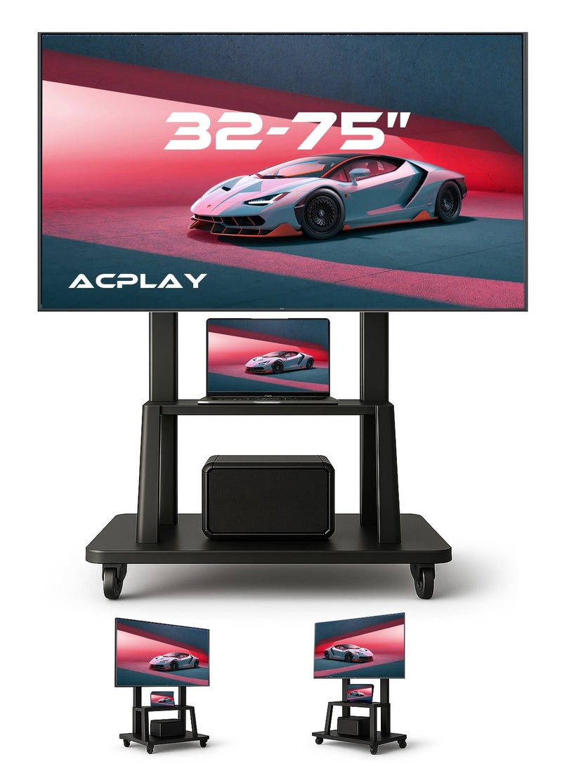 آسي بلاي عربة تلفزيون متحركة لالشاشات المسطحة والمنحنية LCD و LED 4K من 32 إلى 75 بوصة، 50، 55، 60، 65، 70 75 بوصة، حامل تلفزيون متحرك قوي مزود بعجلات، أقصى VESA 600x400 مم حتى 110 رطل، حامل أرضي قابل للتحريك مع رف - Image 1