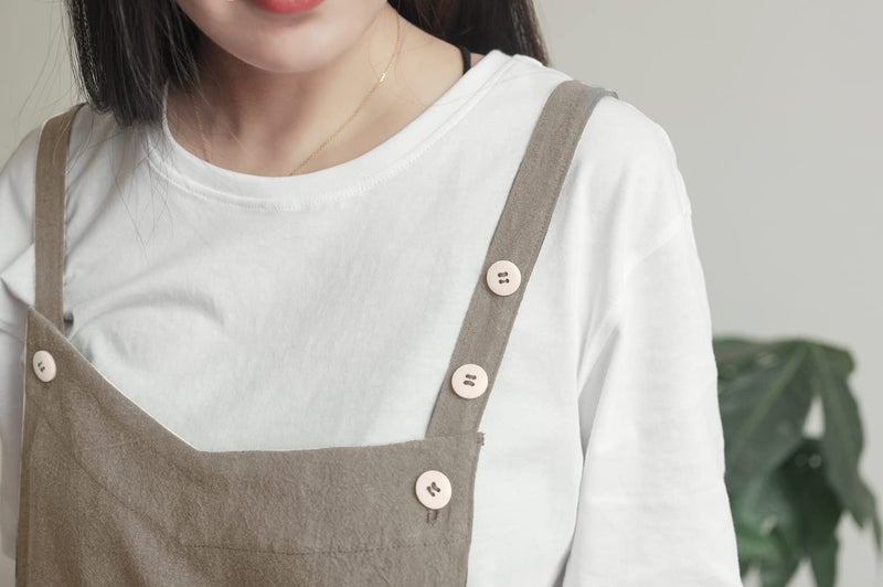 BBYBBS Kitchen Apron Japan Style Cotton Linen Two Pockets Adjustable H Shoulder Straps (Khaki) - Image 4