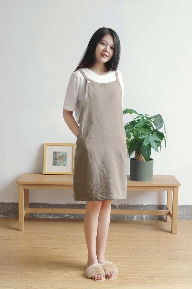 BBYBBS Kitchen Apron Japan Style Cotton Linen Two Pockets Adjustable H Shoulder Straps (Khaki) - Image 2