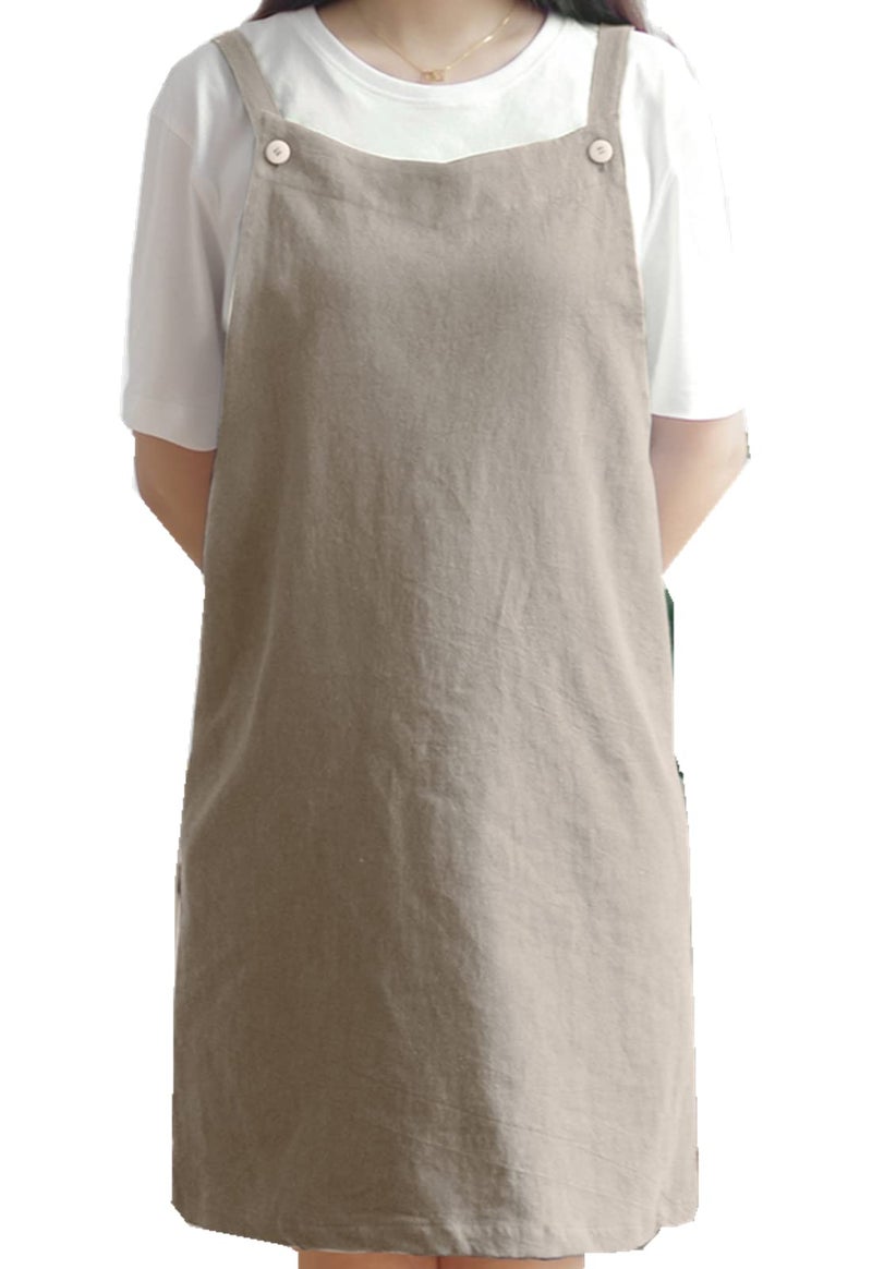 BBYBBS Kitchen Apron Japan Style Cotton Linen Two Pockets Adjustable H Shoulder Straps (Khaki) - Image 1