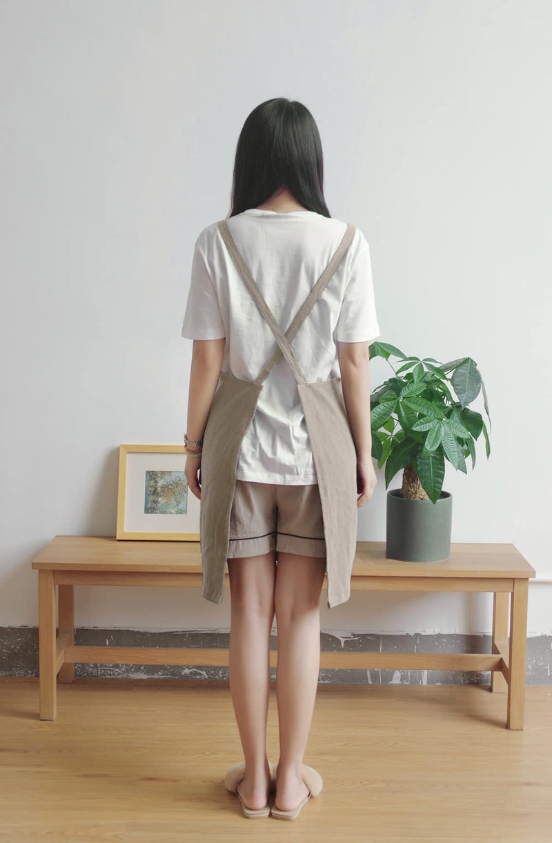 BBYBBS Kitchen Apron Japan Style Cotton Linen Two Pockets Adjustable H Shoulder Straps (Khaki) - Image 3