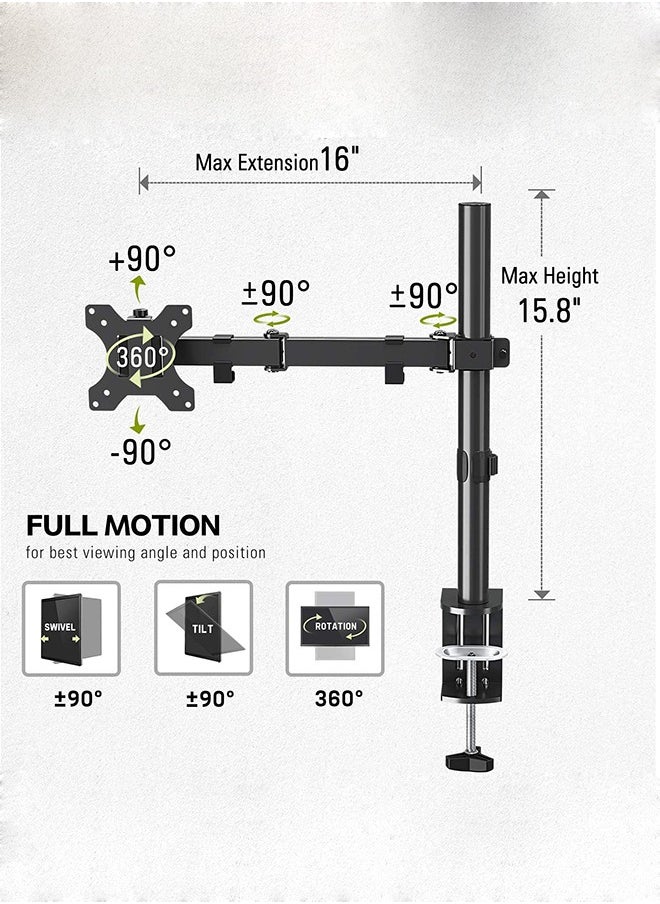 Arabest - 15-33" Single Monitor Stand, Heavy Duty Fully Adjustable Desk Clamp Arms for Computer Screens, Up to 17.6 lbs Load per Arm, Swivel and Tilt, 75/100mm VESA, Black (B) - Image 1