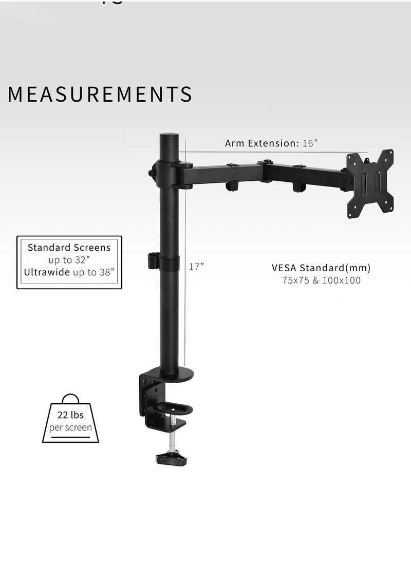 Arabest - 15-33" Single Monitor Stand, Heavy Duty Fully Adjustable Desk Clamp Arms for Computer Screens, Up to 17.6 lbs Load per Arm, Swivel and Tilt, 75/100mm VESA, Black (B) - Image 1