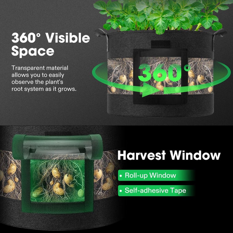 VIVOSUN 5-Pack 7 Gallon Visible Potato Grow Bags, Thick Fabric Potato Pots with 360Â° Visibility & Harvest Window, Potato Growing Containers Potato Planter Potato Planter for Growing Potatoes, Black - Image 2
