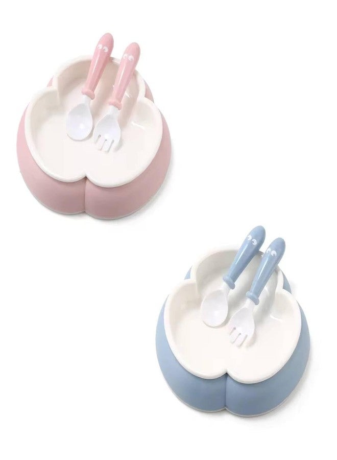Ess Cubes Enterprise Tableware Baby Feeding Plate with Spoon & Fork Set for BPA Free Elevate Mealtime Essentials 100% Silicon Food Grade PP for Kid and Toddlers Non Toxic Utensil Set (2, Blue and Pink Pack of 2) - Image 1
