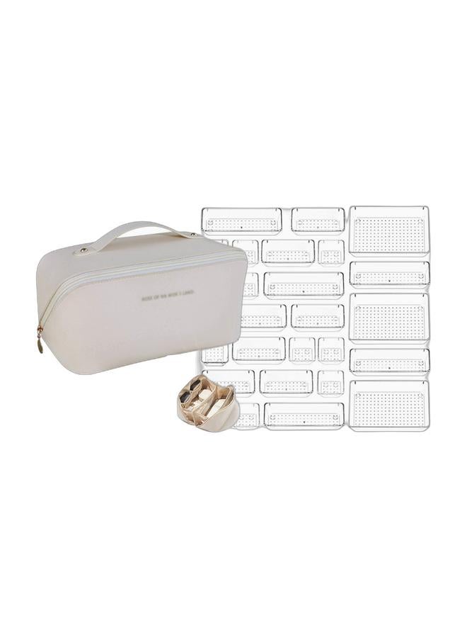 Waterproof  travel Makeup Bag and Large Capacity Cosmetic Bags for Women & 25 Pcs Desk Drawer Organizers Trays Set Clear Plastic Storage Bins Bathroom Drawer Tray Dividers Vanity Trays Organizer for Bedroom Dresser Makeup Kitchen Utensil OfficeBundle - Image 1