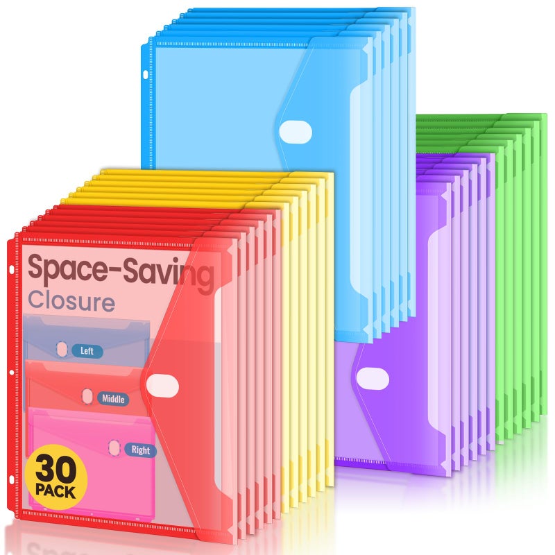 Sooez 30 Pack Binder Folders Organizer with Space-Saving Closure, Super Heavyweight Binder Pockets for 3 Ring Binders, High Capacity Binder Pouch, Side Loading, School Supplies, Letter Size, 5 Color - Image 1