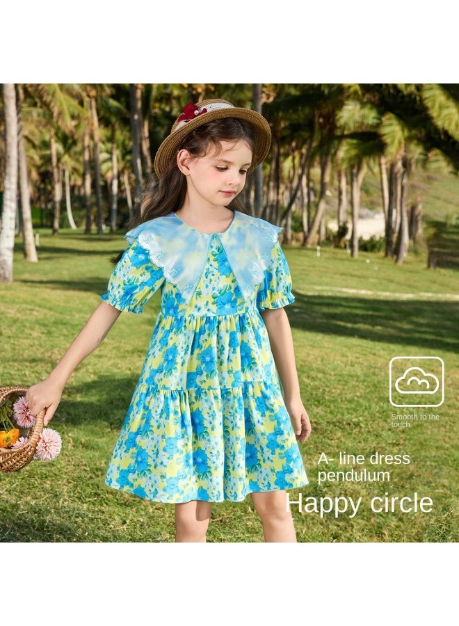 abckids أسلوب العطلة】فساتين صيفية للبنات، تنفسية ولطيفة مع ياقة بيتر بان وطباعة زهور لفستان أميرة للأطفال من الحجم المتوسط إلى الكبير - Image 4