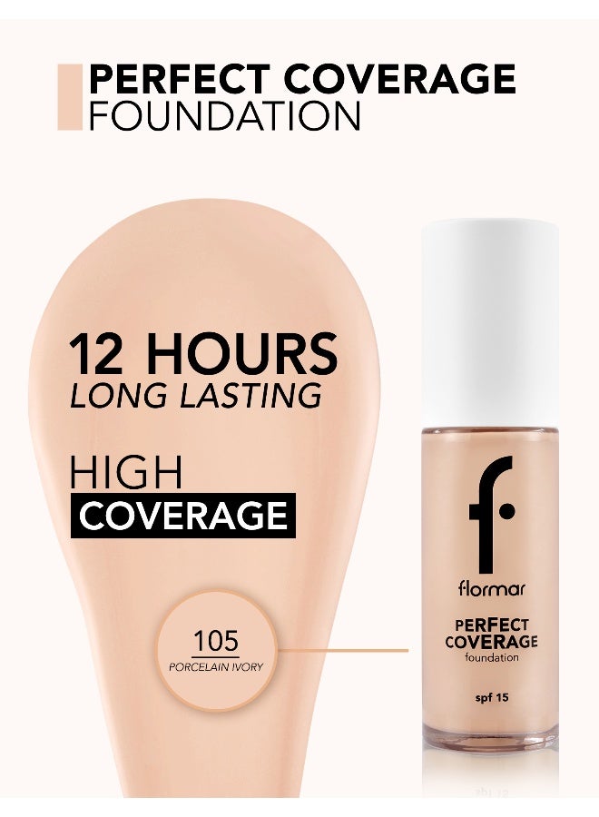 flormar Perfect Coverage Foundation – 105 Porcelain Ivory – Soft Rich Texture, Smooth-Looking Skin, Up to 12H Fresh Wear, SPF 15 Porcelain Ivory - Image 5