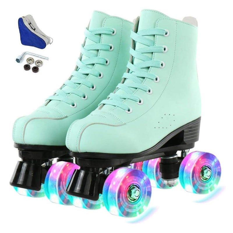 jessie PU Leather Roller Skates Roller Skates for Women Outdoor and Indoor Adjustable FourWheel Premium Roller Skates for Women Men Boys and Girls Green WheelWomens 8 Mens 65
