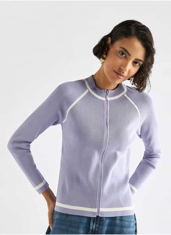 FAV Ribbed High Neck Jacket with Raglan Sleeves and Zip Closure