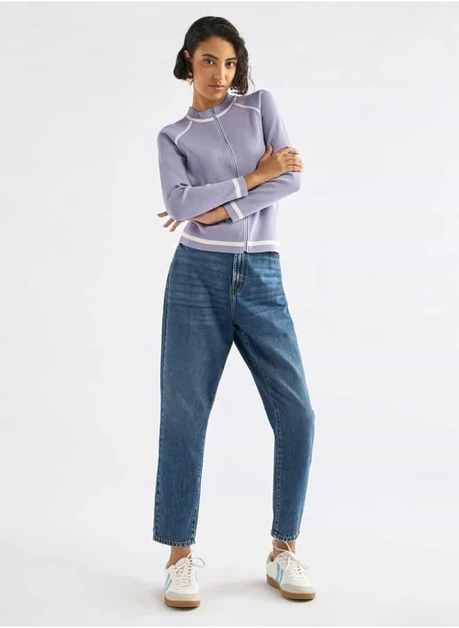 FAV Ribbed High Neck Jacket with Raglan Sleeves and Zip Closure
