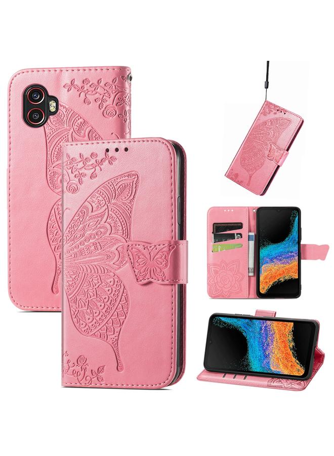 اس-توب جراب لهاتف Samsung Galaxy Xcover6 Pro مصنوع من الجلد المنقوش بنقشة زهور الحب على شكل فراشة - Image 1