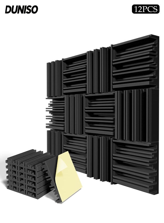 DUNISO 12 عبوة من الألواح الصوتية ذاتية اللصق، رغوة ماصة للصوت، بلاط عازل للصوت كثيف، ماص للصوت لاستوديو التسجيل، زخرفة تجويف، لوحة جدارية وسقفية ثلاثية الأبعاد - Image 1