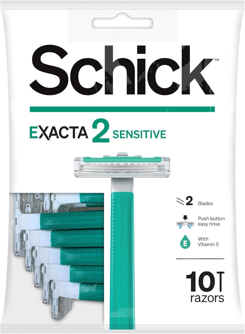 schick شيفك إكزاكتا2 ماكينة حلاقة حساسة بشفرات توأمية قابلة للتخلص منها للرجال - 10 قطع مع فيتامين E و الألوة فيرا - Image 1