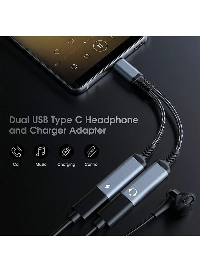 Black 2 in 1 USB C to Dual Headphone Jack Adapter with Fast Charging for iPhone 15 Samsung Huawei Xiaomi - Image 4