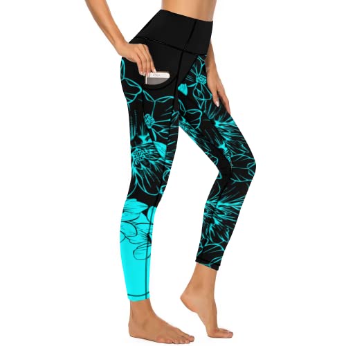 KevaMolly Yoga Pants with Phone Pockets for Women High Waisted Leggings Petite Length Workout Activewear Y2k Blue Flower Print - Image 1