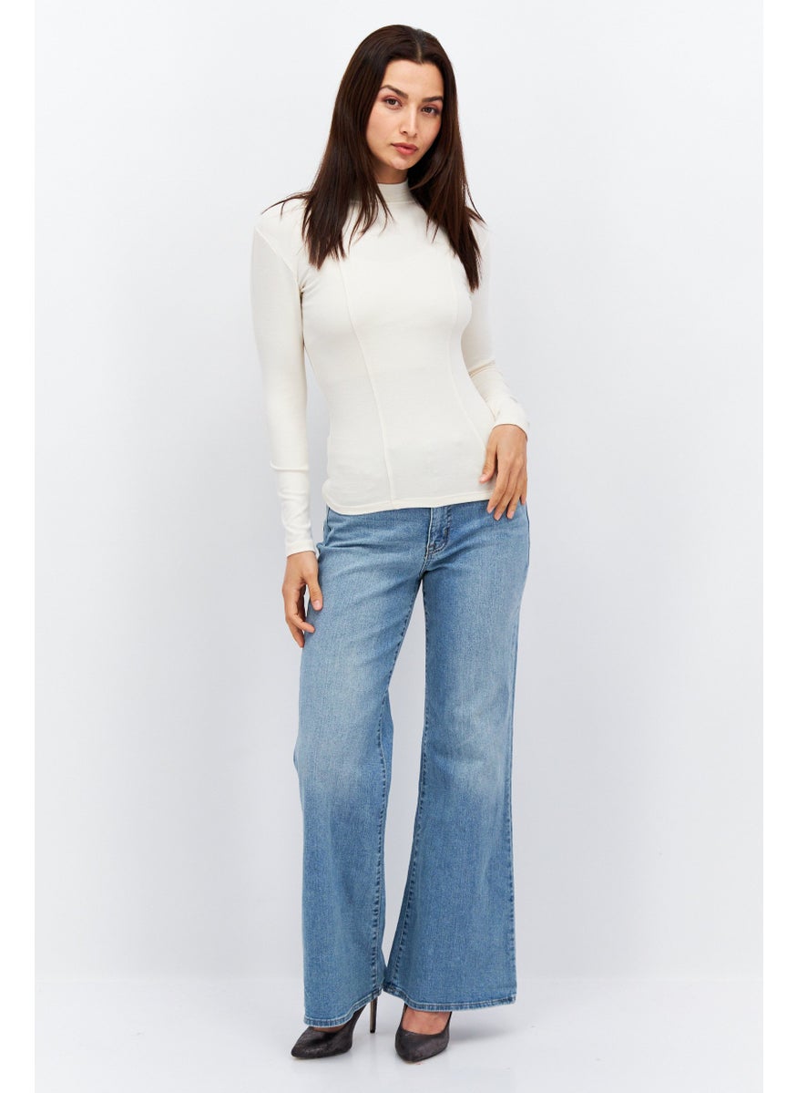 Etam Women Mock Neck Long Sleeve Plain Top, Beige  - Image 4