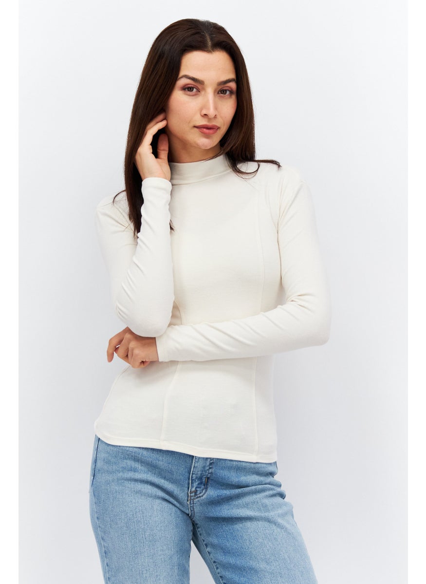 Etam Women Mock Neck Long Sleeve Plain Top, Beige  - Image 1
