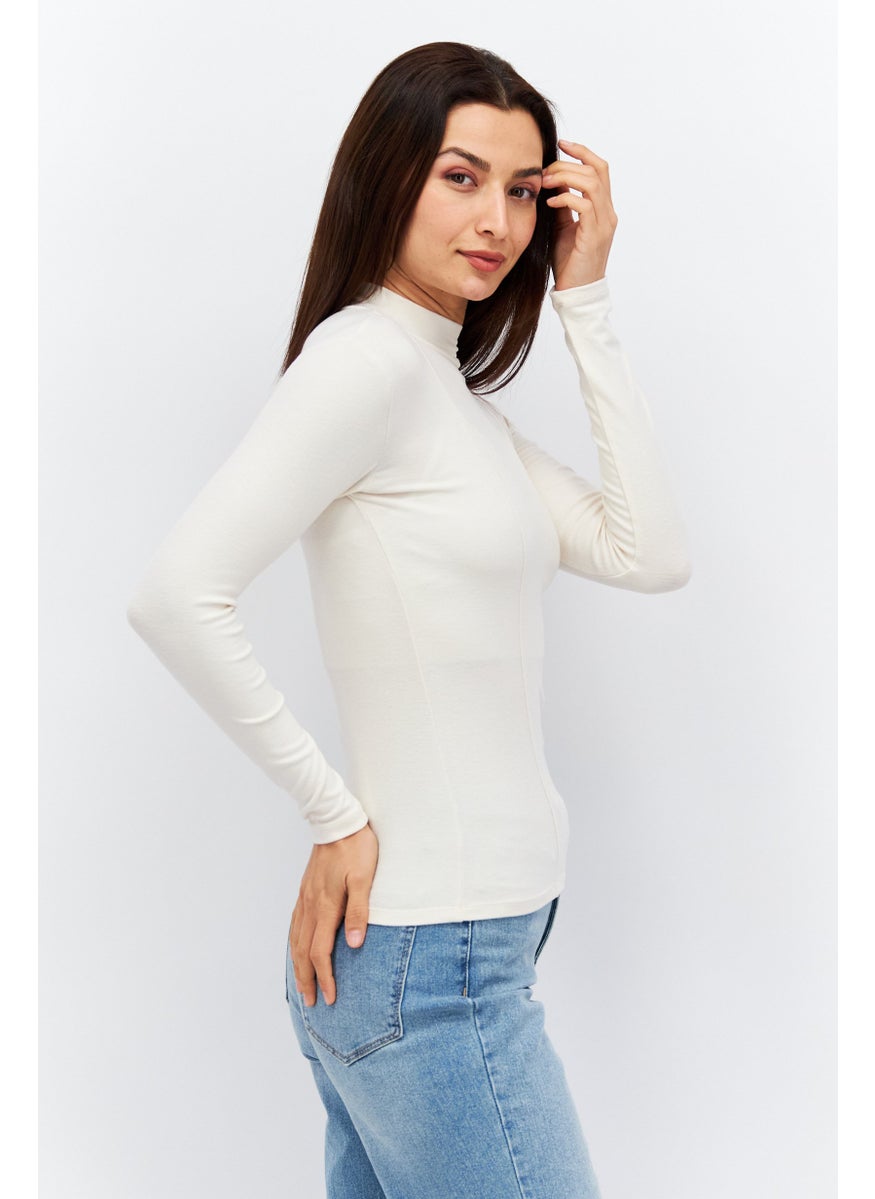 Etam Women Mock Neck Long Sleeve Plain Top, Beige  - Image 2