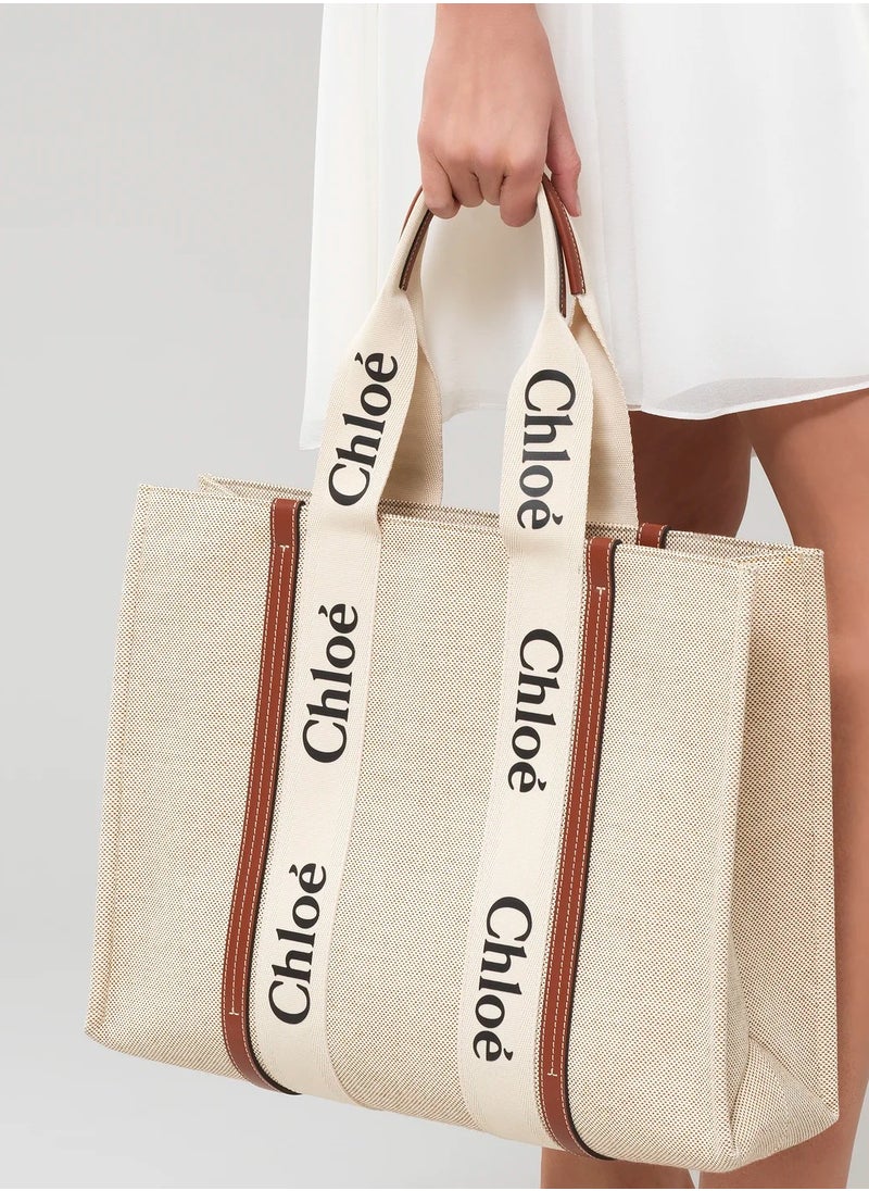 Chloe - Chloé Woody Tote Bag In Cotton Canvas - Image 1