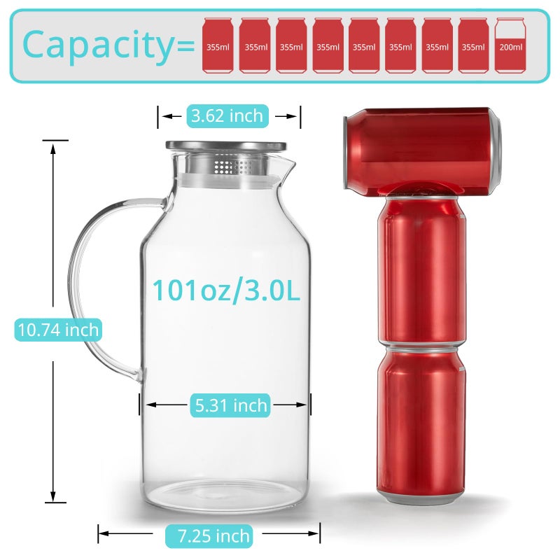 Bivvclaz 3 Liter 101 oz Glass Pitcher with Lid and Handle, Glass Water Pitcher for Fridge, Glass Carafe for Hot/Cold Water, Iced Tea Pitcher, Large Jug for Coffee, Juice and Homemade Beverage - Image 2