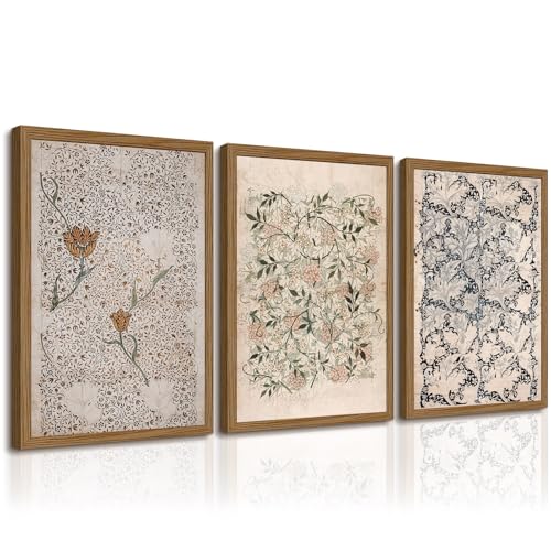 Tanmart Vintage William Morris Wall Art Framed Decor Boho Floral Botanical Canvas Pictures Abstract Neutral Flower Prints Vintage Farmhouse Artwork Painting for Living Room Bedroom 16x24 Inch Set of 3 - Image 1