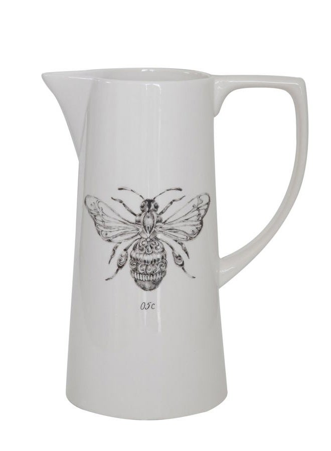 Creative Co-op White Ceramic Pitcher with Bee Image - Image 1