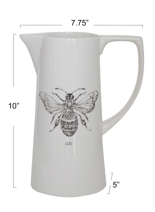 Creative Co-op White Ceramic Pitcher with Bee Image - Image 3