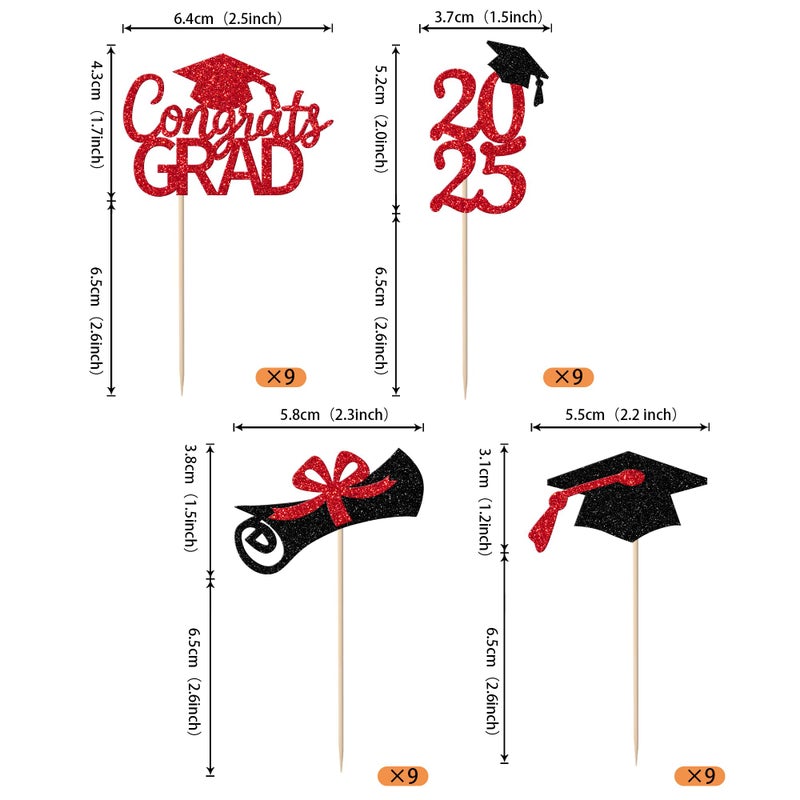 RSSTARXI 36 Pack 2025 تخرج موضوع Cupcake Toppers Glitter 2025 Cap Cap Diploma Cupcake Congrats Grad 2025 Cake Decorations for 2025 Tervement Thief Supplies Red Red - Image 2