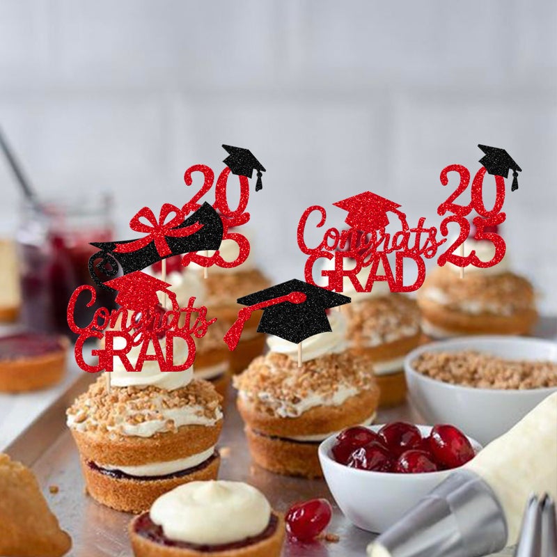 RSSTARXI 36 Pack 2025 تخرج موضوع Cupcake Toppers Glitter 2025 Cap Cap Diploma Cupcake Congrats Grad 2025 Cake Decorations for 2025 Tervement Thief Supplies Red Red - Image 5
