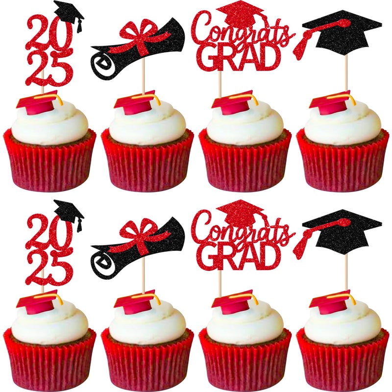 RSSTARXI 36 Pack 2025 تخرج موضوع Cupcake Toppers Glitter 2025 Cap Cap Diploma Cupcake Congrats Grad 2025 Cake Decorations for 2025 Tervement Thief Supplies Red Red - Image 1