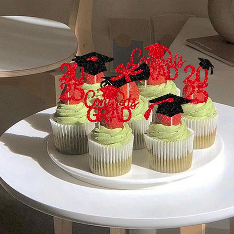 RSSTARXI 36 Pack 2025 تخرج موضوع Cupcake Toppers Glitter 2025 Cap Cap Diploma Cupcake Congrats Grad 2025 Cake Decorations for 2025 Tervement Thief Supplies Red Red - Image 4